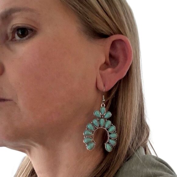 Zuni Style Half-Moon Earrings, Turquoise Accents, 2.5” Drop, Western Cluster - Picture 3 of 8